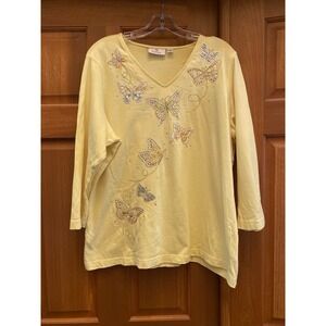 Quacker Factory Women's XL Yellow butterfly Sequins Bling 3/4 Sleeve Top Blouse